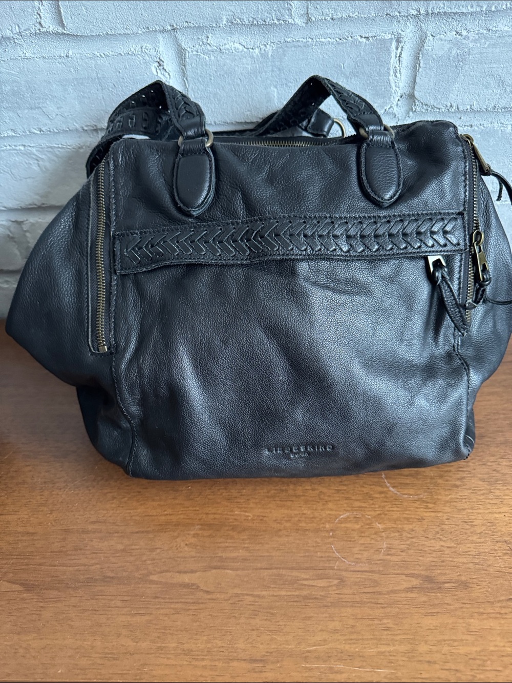 Liebeskind Berlin Black Leather Braided-Trim Tote with dust bag.
